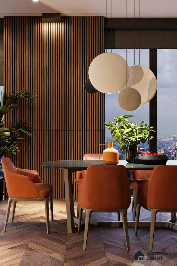 Modern Minimalist Dining Room with Wooden Wall Paneling and Orange Chairs | Material Depot