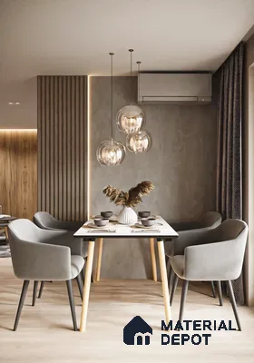 Modern Minimalist Dining Room with Wooden Wall Paneling and Pendant Lighting | Material Depot