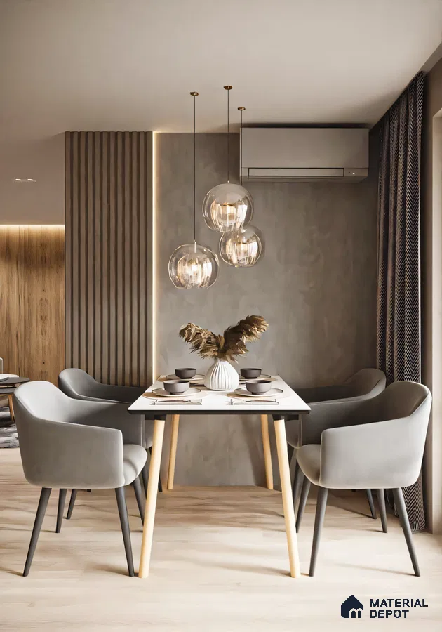 Modern Minimalist Dining Room with Wooden Wall Paneling and Pendant Lighting | Material Depot
