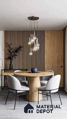 Modern Minimalist Dining Room with Wooden Wall Paneling and Pendant Lighting | Material Depot