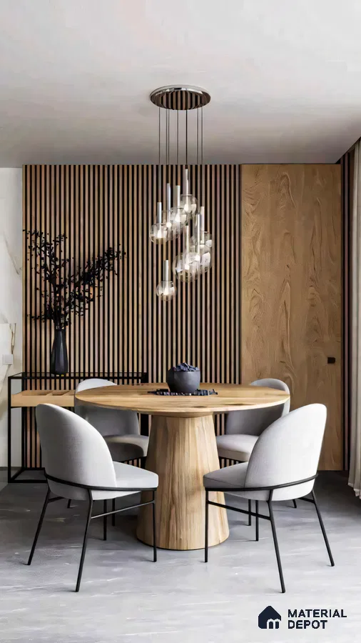 Modern Minimalist Dining Room with Wooden Wall Paneling and Pendant Lighting | Material Depot