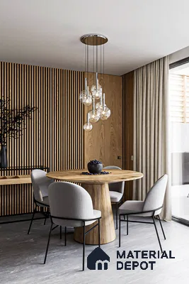 Modern Minimalist Dining Room with Wooden Wall Paneling and Pendant Lighting | Material Depot