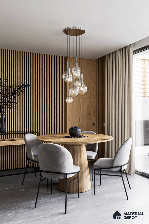 Modern Minimalist Dining Room with Wooden Wall Paneling and Pendant Lighting | Material Depot
