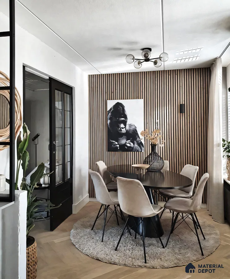 Modern Minimalist Dining Room with Wooden Wall Paneling and Pendant Lighting | Material Depot