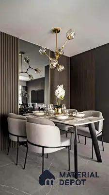 Modern Minimalist Dining Room with Wooden Wall Paneling and Wall Mirror | Material Depot