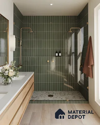 Modern Minimalist Double Shower With Glossy Olive Green Vertical Subway Tiles And Wooden Flooring | Material Depot