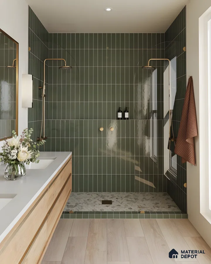 Modern Minimalist Double Shower With Glossy Olive Green Vertical Subway Tiles And Wooden Flooring | Material Depot