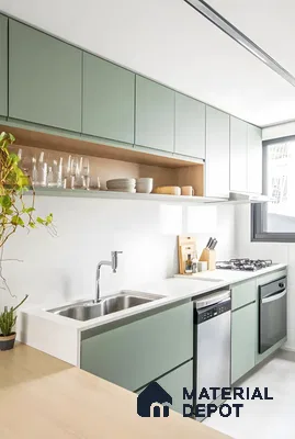 Modern Minimalist Green Kitchen with Open Shelving | Material Depot