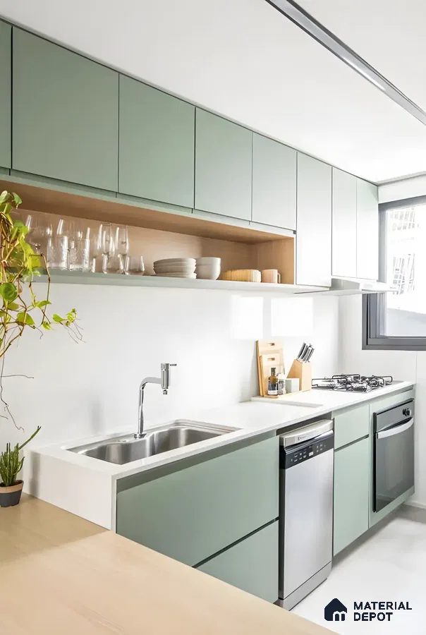 Modern Minimalist Green Kitchen with Open Shelving | Material Depot
