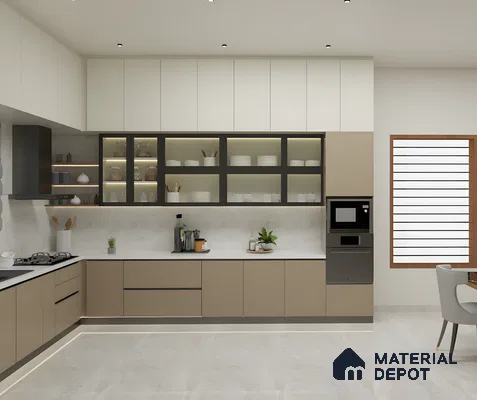 Modern Minimalist Kitchen In Taupe Matte Acrylic With Backlit Tinted Glass & Quartz Finish | Material Depot