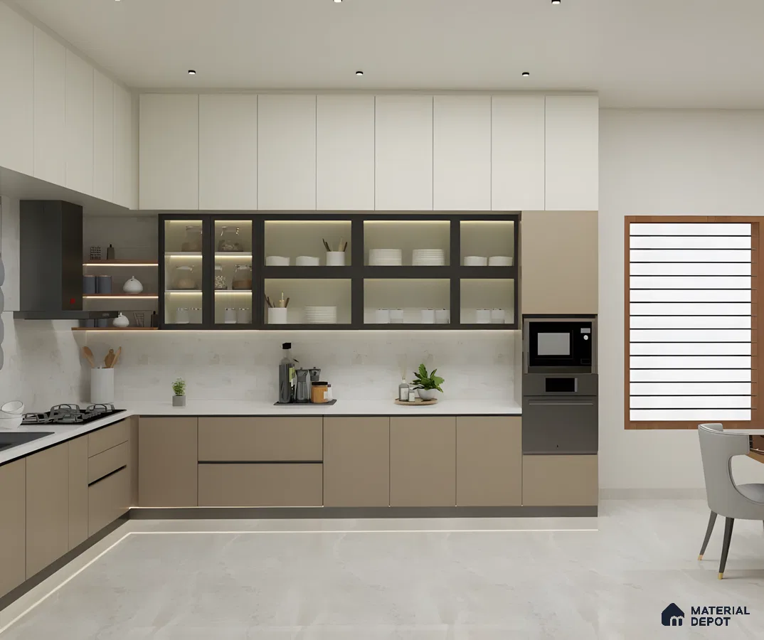 Modern Minimalist Kitchen In Taupe Matte Acrylic With Backlit Tinted Glass & Quartz Finish | Material Depot