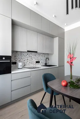 Modern Minimalist Kitchen With Fluted Cabinets And Terrazzo Backsplash | Material Depot