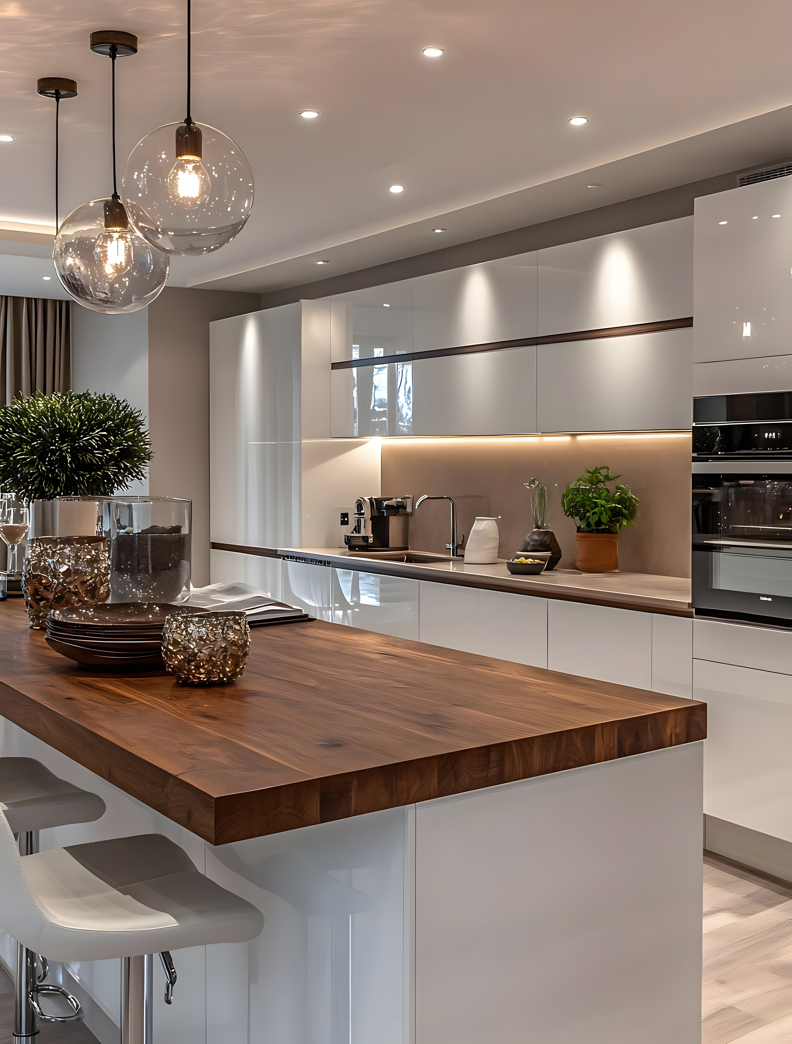 Modern Minimalist Kitchen With Glossy Laminates, Walnut Island & Soft Lighting | Material Depot