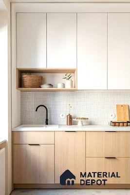 Modern Minimalist Kitchen with Light Wood and White Cabinetry | Material Depot