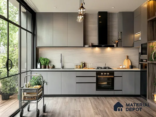 Modern Minimalist Kitchen with Matte Gray Cabinets and Floor-to-Ceiling Windows | Material Depot