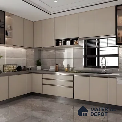 Modern Minimalist Kitchen With Matte Taupe Cabinets, Stone-Look Tiles & Sleek Grey Countertops | Material Depot