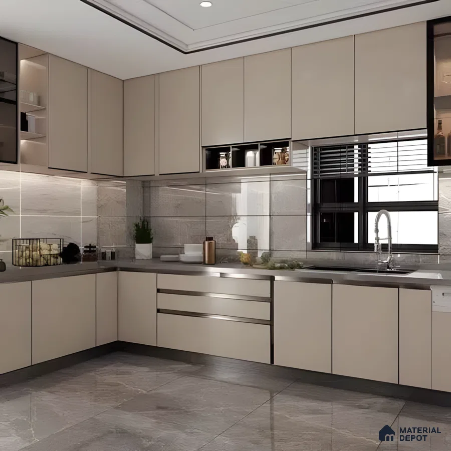 Modern Minimalist Kitchen With Matte Taupe Cabinets, Stone-Look Tiles & Sleek Grey Countertops | Material Depot