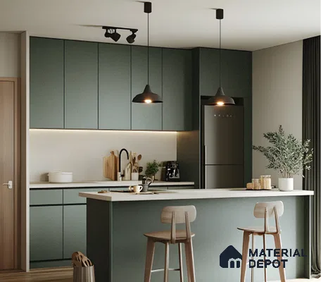 Elegant Blue Minimalist Kitchen with Glossy Cabinets and Natural Light | Material Depot