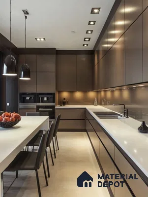 Modern Minimalist Kitchen with Sleek Brown Laminates and Glossy Countertops | Material Depot