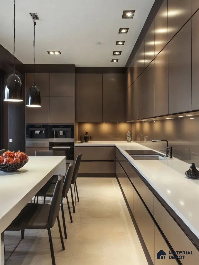 Modern Minimalist Kitchen with Sleek Brown Laminates and Glossy Countertops | Material Depot