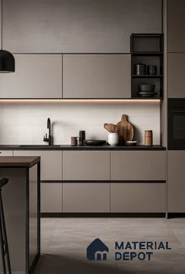 Glossy Island Kitchen with Dark Accents and Floor-to-Ceiling Windows | Material Depot