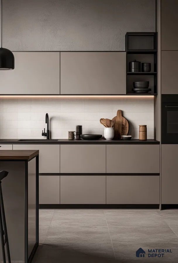 Glossy Island Kitchen with Dark Accents and Floor-to-Ceiling Windows | Material Depot