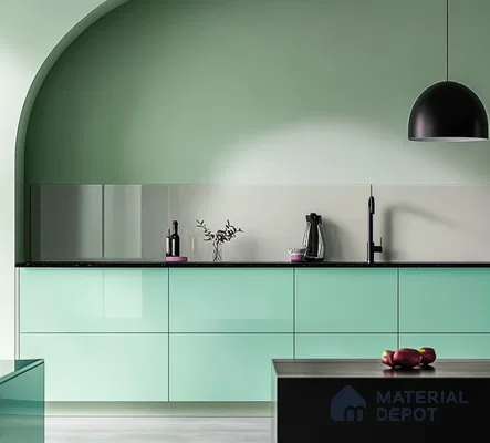 Modern Kitchen with Olive Green Glossy Cabinets and Wooden Upper Shelving | Material Depot