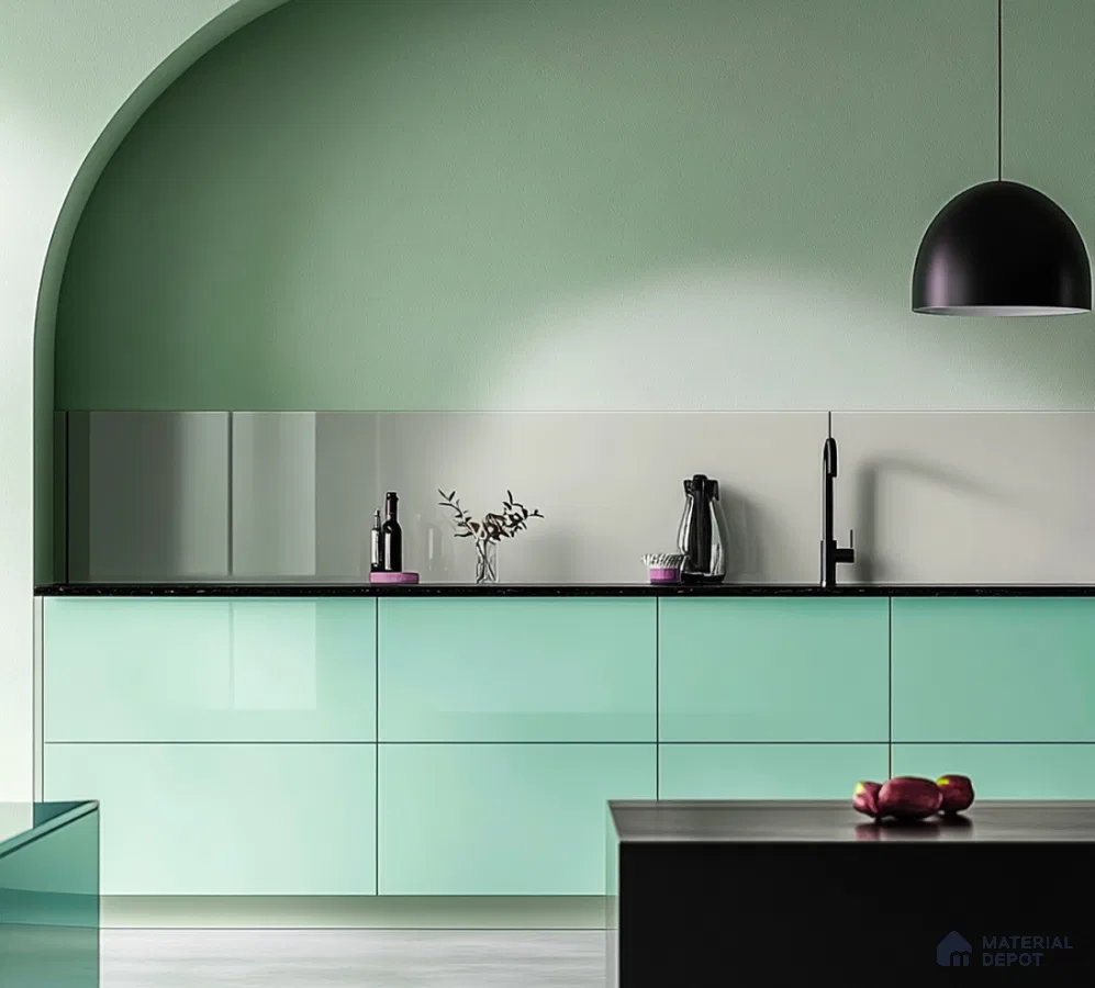 Modern Kitchen with Olive Green Glossy Cabinets and Wooden Upper Shelving | Material Depot