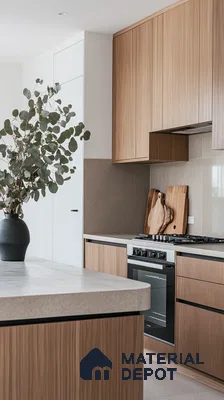 Modern Minimalist Kitchen with Warm Wood Tones and Neutral Palette | Material Depot