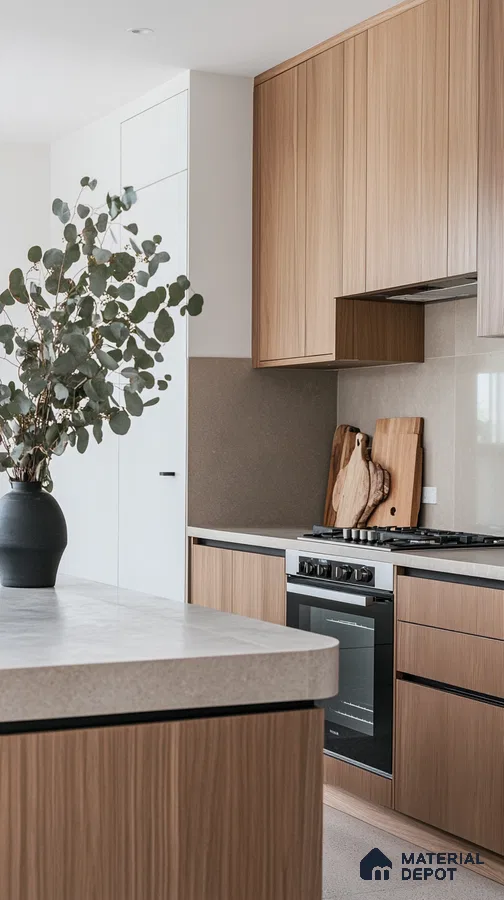 Modern Minimalist Kitchen with Warm Wood Tones and Neutral Palette | Material Depot