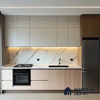 Modern Minimalist Kitchen with Wooden Laminates and Marble Backsplash | Material Depot