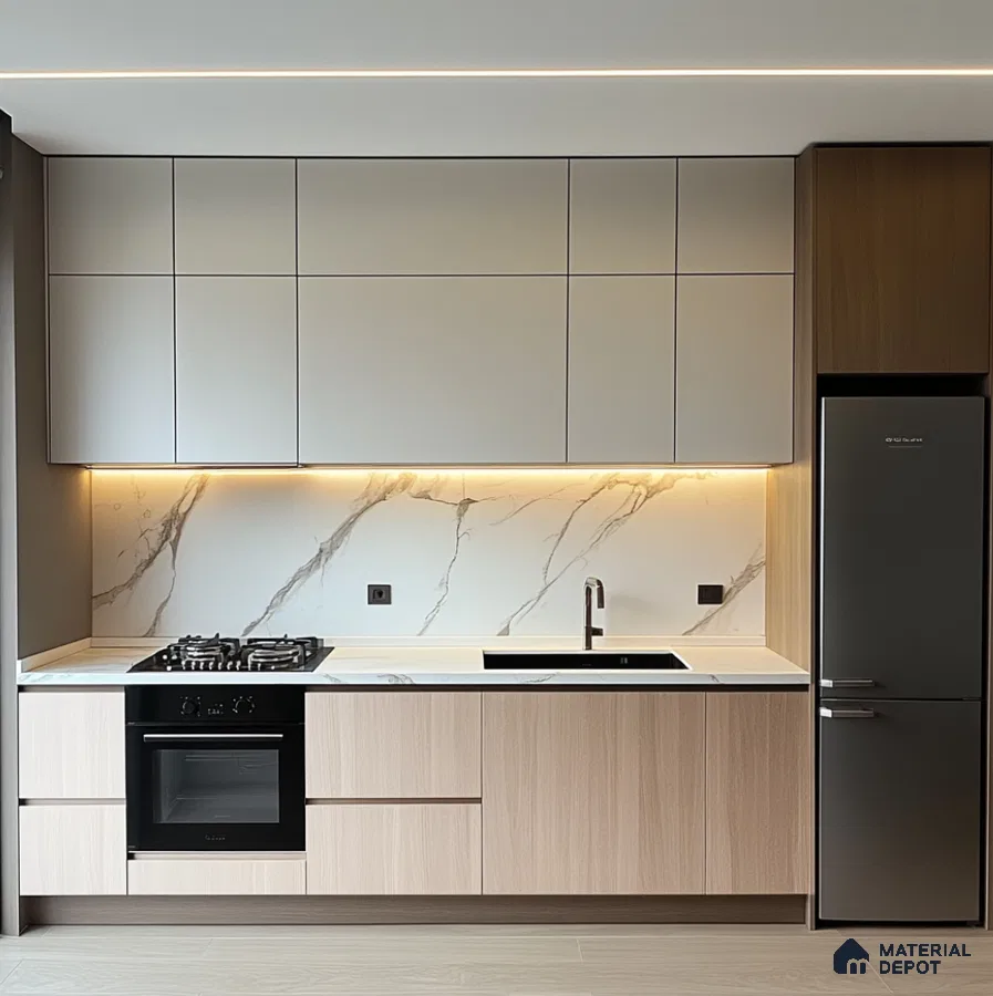 Modern Minimalist Kitchen with Wooden Laminates and Marble Backsplash | Material Depot