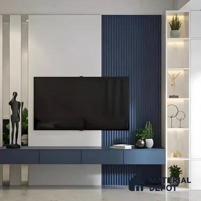 Modern Minimalist Living Room with Blue Panel Detail | Material Depot