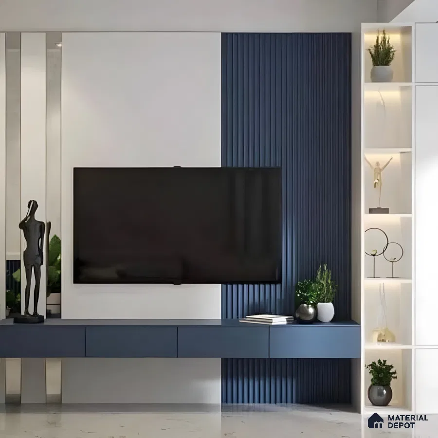 Modern Minimalist Living Room with Blue Panel Detail | Material Depot
