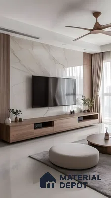 Modern Minimalist Living Room With Marble Tv Wall, Low Walnut Console, And Fluted Wood Panel Accents | Material Depot