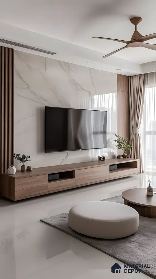 Modern Minimalist Living Room With Marble Tv Wall, Low Walnut Console, And Fluted Wood Panel Accents | Material Depot