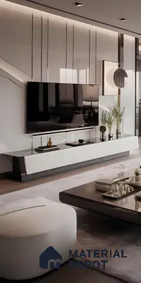 Modern Minimalist Living Room with Reflective TV Wall | Material Depot