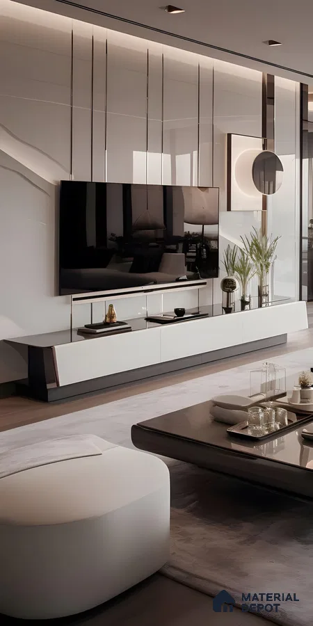 Modern Minimalist Living Room with Reflective TV Wall | Material Depot