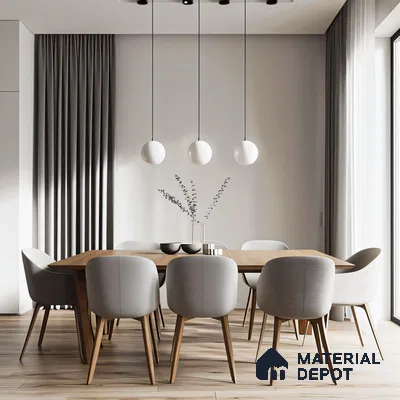 Modern Minimalist Open-Plan Living Space with Round Dining Table and Wooden Chairs | Material Depot