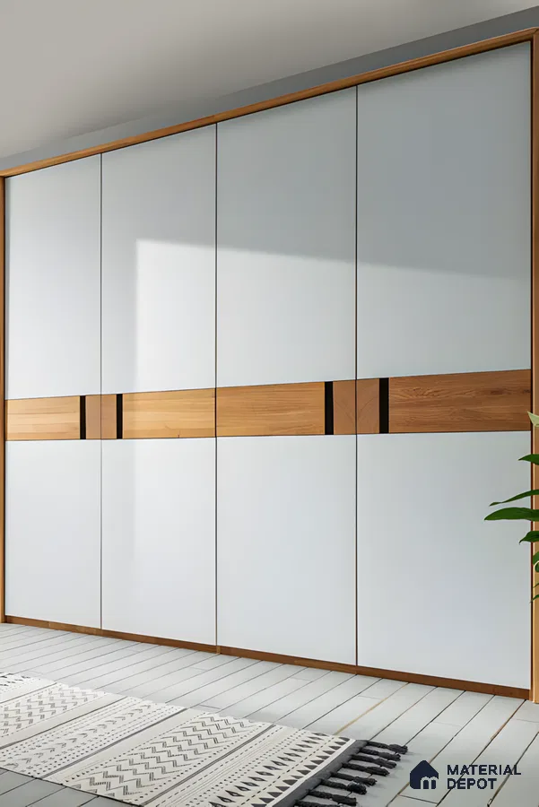 Modern Minimalist: Sleek White Wardrobe with Wood Accents | Material Depot