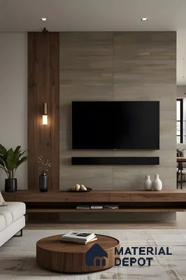 Modern Minimalist Tv Unit With Walnut Wood Accents And Beige Stone Cladding Backdrop | Material Depot