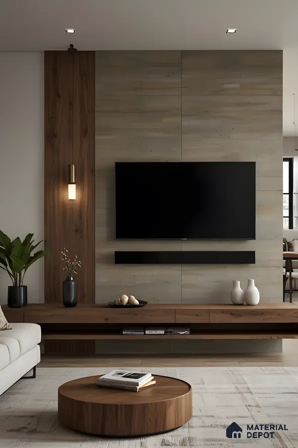 Modern Minimalist Tv Unit With Walnut Wood Accents And Beige Stone Cladding Backdrop | Material Depot