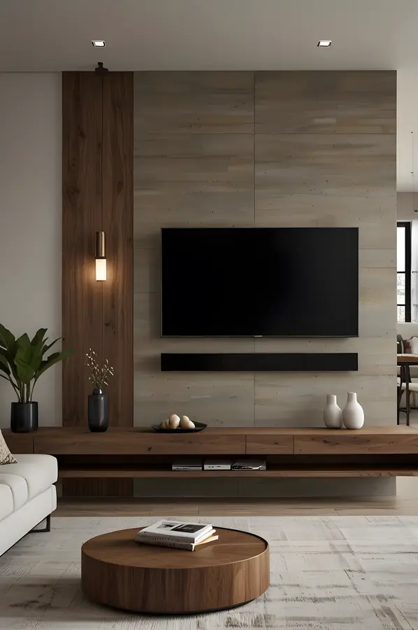 Modern Minimalist Tv Unit With Walnut Wood Accents And Beige Stone Cladding Backdrop | Material Depot
