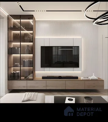 Modern Minimalist Tv Wall With Fluted Panels And Glass-Front Display | Material Depot