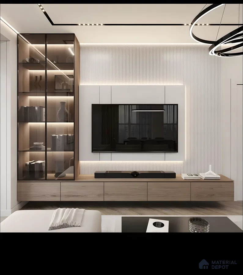 Modern Minimalist Tv Wall With Fluted Panels And Glass-Front Display | Material Depot