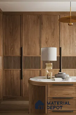 Modern Minimalist Wardrobe with Geometric Grooves and Natural Wood Finish | Material Depot