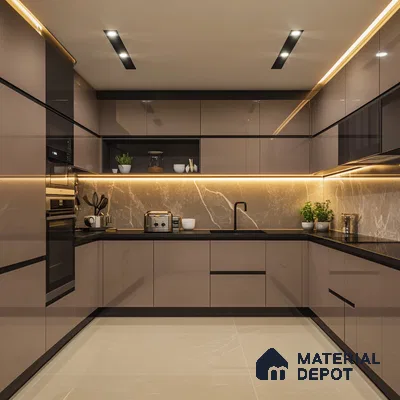 Modern Mocha Kitchen Design with Integrated Lighting and Marble Countertops | Material Depot