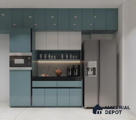 Modern Modular Kitchen Design With Blue-Grey And White Cabinets | Material Depot