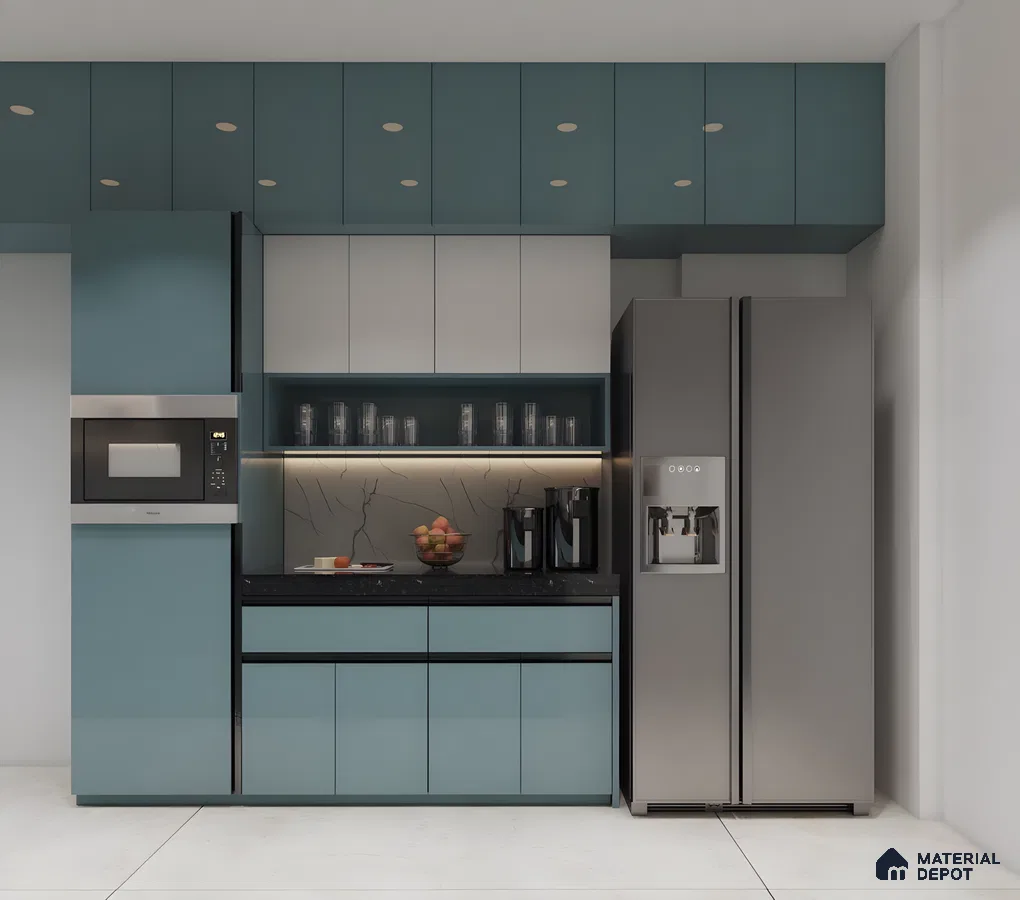 Modern Modular Kitchen Design With Blue-Grey And White Cabinets | Material Depot