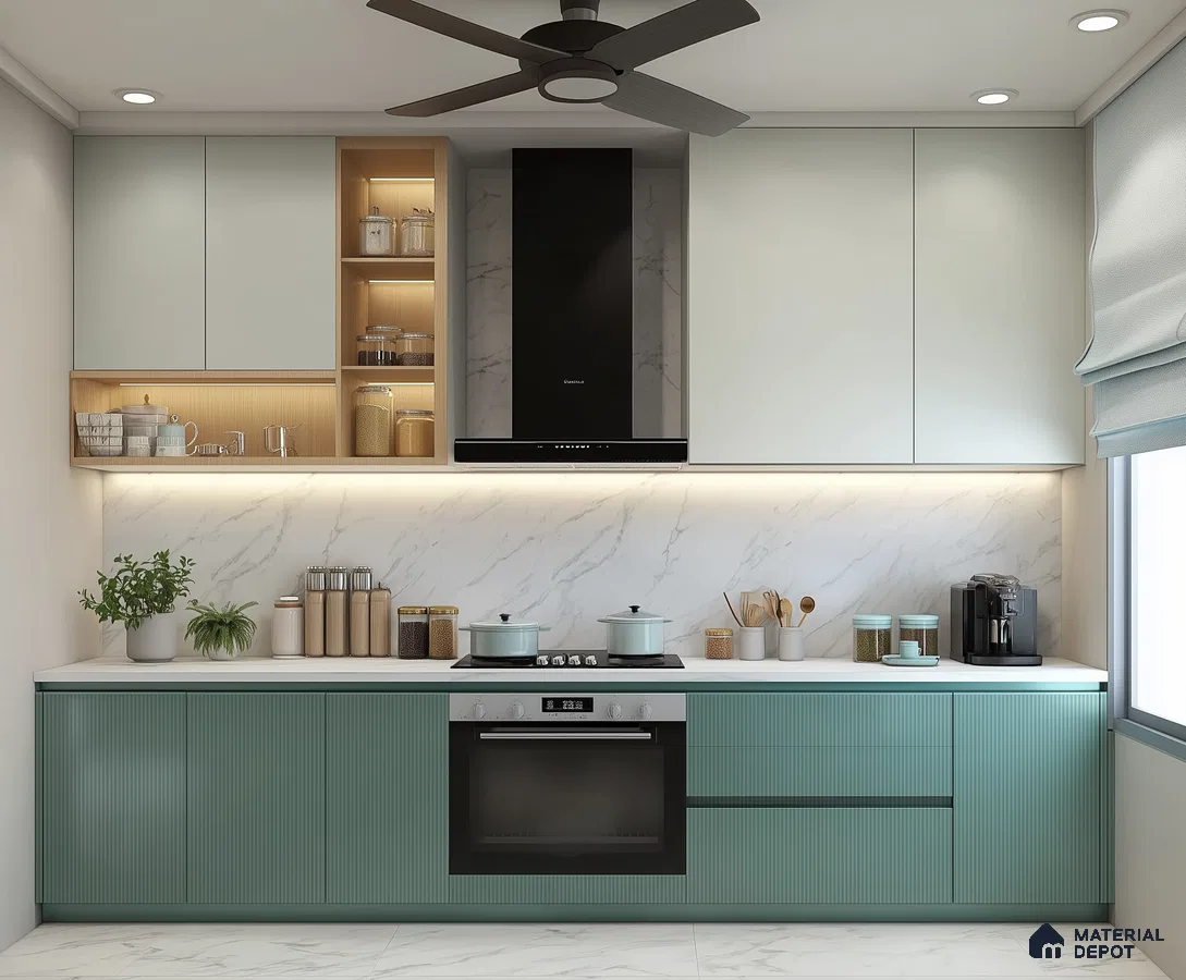 Compact Beige Glossy Kitchen with Marble Backsplash and Glass Cabinets | Material Depot